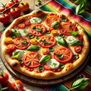 Italiaanse pizza met kleurrijke tomaatplakjes, verse mozzarella en basilicumblaadjes op een knapperige, goudbruine korst. Geserveerd op een rustieke houten plank, perfect voor een smakelijke maaltijd.