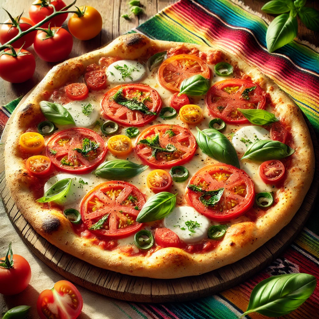 Italiaanse pizza met kleurrijke tomaatplakjes, verse mozzarella en basilicumblaadjes op een knapperige, goudbruine korst. Geserveerd op een rustieke houten plank, perfect voor een smakelijke maaltijd.
