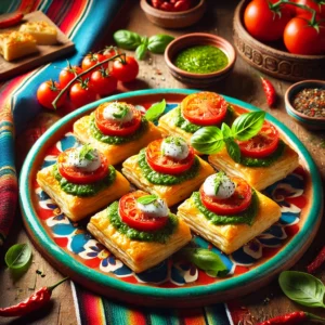 omatensnacks met basilicumpesto en bladerdeeg, bestaande uit krokante goudbruine bladerdeegvierkantjes belegd met groene basilicumpesto, sappige tomatenplakjes en gesmolten mozzarella. Geserveerd op een kleurrijk Mexicaans keramieken bord, tegen een sfeervolle achtergrond met levendige tafelkleden, rustieke houten accenten en traditionele decoratieve details.