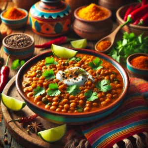 Kruidige linzencurry geserveerd in een rustieke kom, met rijke gouden linzen gekookt in aromatische specerijen zoals komijn, kurkuma en koriander. Gegarneerd met verse koriander, een lepel yoghurt en een schijfje limoen. De achtergrond straalt een warme Mexicaanse sfeer uit met kleurrijke tafelkleden, rustieke houten accenten en traditionele keramische details.