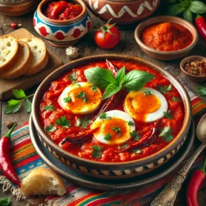 Mediterrane tomaten-ei curry geserveerd in een rustieke kom, met een rijke, gekruide tomatensaus en perfect gegaarde hele eieren. Gegarneerd met verse basilicumblaadjes en een vleugje gehakte peterselie. De achtergrond straalt een warme Mexicaanse sfeer uit met kleurrijke tafelkleden, rustieke houten accenten en traditionele keramische details.