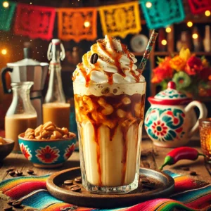 Zelfgemaakte IJskoffie Deluxe geserveerd in een hoog glas, gevuld met gemalen ijs, afgekoelde koffie en amandelmelk. Afgetopt met een royale toef slagroom, karamelsaus en een vleugje cacaopoeder. De achtergrond straalt een warme Mexicaanse sfeer uit met kleurrijke tafelkleden, rustieke houten accenten en traditionele keramische details.