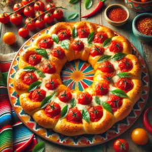 Tomaten pizzakrans met een goudbruine, krokante bodem, rijk belegd met tomatensaus, gesmolten mozzarella, sappige cherrytomaten en verse basilicumblaadjes. Geserveerd op een kleurrijk Mexicaans keramieken bord, tegen een sfeervolle achtergrond met levendige tafelkleden, rustieke houten accenten en traditionele decoratieve details