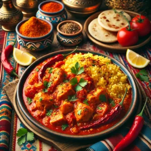 Turkse kip met bulgur en tomatencurry, geserveerd in een rustieke kom. De kip is gestoofd in een rijke, gekruide tomatensaus, vergezeld van luchtige bulgur, verse peterselie, chili flakes en partjes citroen. De achtergrond straalt een warme Mexicaanse sfeer uit met kleurrijke tafelkleden, rustieke houten accenten en traditionele keramische details.