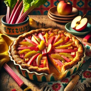 Verfrissende rabarbertaart met een goudbruine bladerdeegkorst, gevuld met zachtgekookte rabarber, appel, gember, en vanille. Een feestelijke en smaakvolle traktatie met een knapperige suikerlaag.