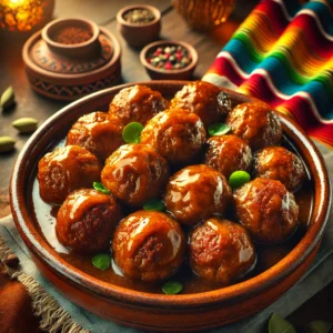 Amsterdamse gehaktballen, goudbruin en sappig, geserveerd in een traditionele keramische schaal met rijke jus. Een hartig gerecht met een rustieke uitstraling, ideaal voor een stevige maaltijd.