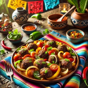 Antilliaanse gehaktballen, goudbruin gebakken en geserveerd met gebakken ui, tomaat, en paprika op een kleurrijke keramische schaal. Een tropisch gerecht met rijke, kruidige smaken en een levendige presentatie.