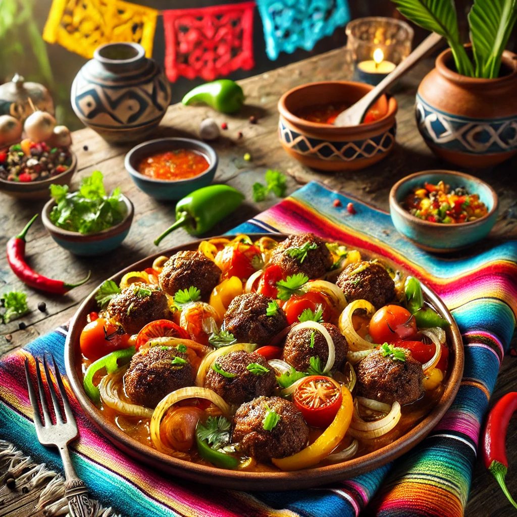 Antilliaanse gehaktballen, goudbruin gebakken en geserveerd met gebakken ui, tomaat, en paprika op een kleurrijke keramische schaal. Een tropisch gerecht met rijke, kruidige smaken en een levendige presentatie.