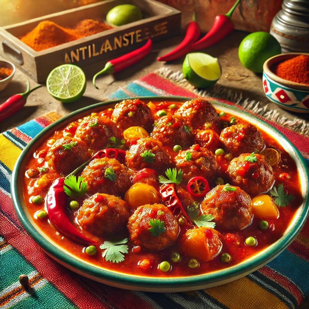 Een kleurrijke presentatie van Antilliaanse Pikabal den Sous. De gehaktballen zijn goudbruin gebakken en liggen in een rijke, pittige rode saus met stukjes paprika en hints van madame jeannette pepers. Het gerecht is stijlvol geserveerd op een bord met verse kruiden en omlijst door een Mexicaanse, kleurrijke geweven tafelkleed. Op de achtergrond zijn tropische accenten zoals limoen en chilipepers zichtbaar, wat het gerecht een warme, uitnodigende uitstraling geeft.