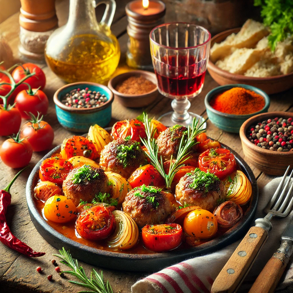 Argentijnse gehaktballen in tomatensaus met saffraanrijst, gepresenteerd op een rustiek bord. De gehaktballen zijn bedekt met een rijke tomatensaus en vergezeld van gele saffraanrijst, gegarneerd met verse peterselie. Een glas rode wijn staat op de achtergrond, wat de warme en gezellige sfeer compleet maakt.