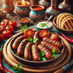 Turkse cevapcici, goudbruin gegrilde gehaktworstjes, geserveerd op een rustieke schaal met een bijgerecht van romige tzatziki, rijpe tomatenschijfjes en warm platbrood. Het gerecht is gegarneerd met verse peterselie voor extra smaak en presentatie.