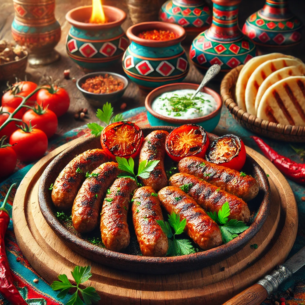 Turkse cevapcici, goudbruin gegrilde gehaktworstjes, geserveerd op een rustieke schaal met een bijgerecht van romige tzatziki, rijpe tomatenschijfjes en warm platbrood. Het gerecht is gegarneerd met verse peterselie voor extra smaak en presentatie.