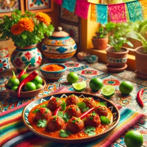 Balinese gehaktballetjes in een zoet-pittige saus geserveerd op een kleurrijk Mexicaans keramisch bord, omringd door limoen, chilipepers, koriander en een tafelkleed met traditionele Mexicaanse patronen in een gezellige keuken met kleurrijke tegels.