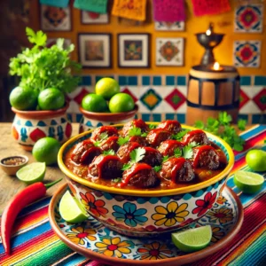 elgische stoofschotel met gehaktballen in een rijke biersaus, geserveerd in een kleurrijke Mexicaanse schaal op een tafel met een traditioneel Mexicaans patroon tafelkleed, omringd door limoen, chilipepers en koriander in een warme Mexicaanse keuken zonder zichtbare teksten of etiketten.