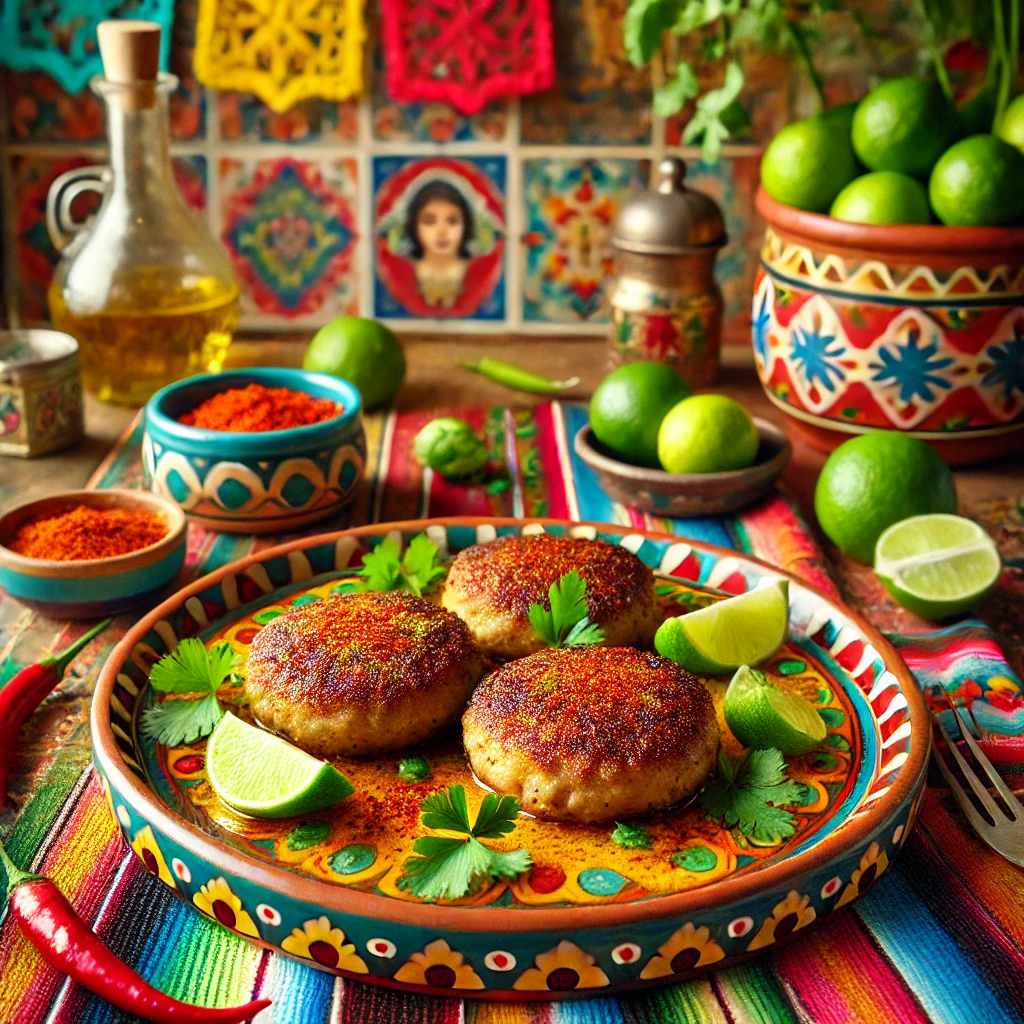 Duitse Frikadellen, goudbruin gebakken, geserveerd op een kleurrijk Mexicaans keramisch bord, omringd door verse kruiden, een vleugje paprikapoeder, limoen, chilipepers en een tafel met een traditioneel Mexicaans patroon tafelkleed in een warme Mexicaanse keuken met kleurrijke tegels en natuurlijke verlichting.