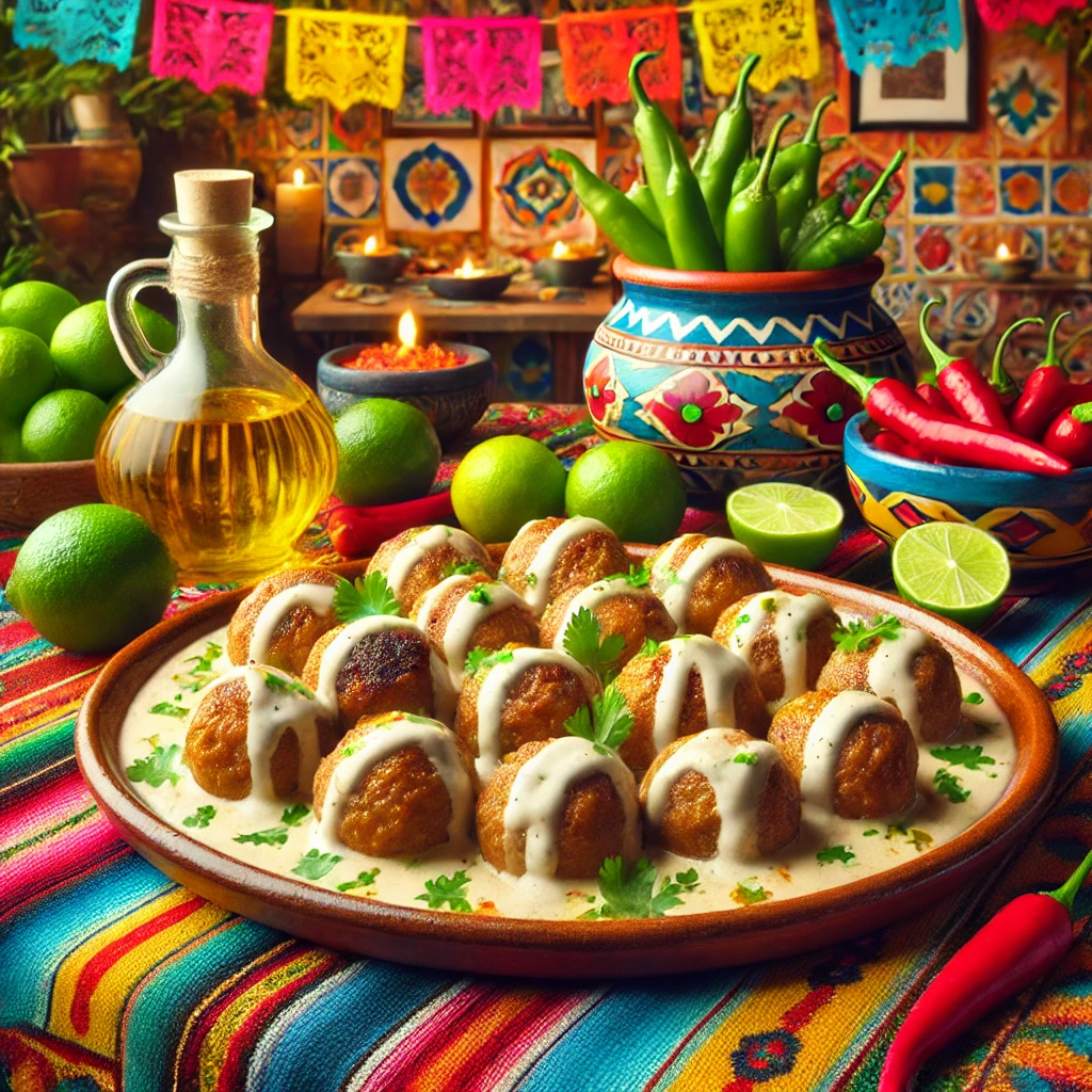 Duitse Frikadellen met witte wijnsaus, geserveerd op een kleurrijk Mexicaans keramisch bord, omringd door limoen, chilipepers en verse kruiden op een tafel met een traditioneel Mexicaans patroon tafelkleed in een gezellige Mexicaanse keuken met kleurrijke tegels en warme natuurlijke verlichting.