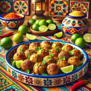 Elzasser gehaktballetjes, goudbruin gebakken, geserveerd op een kleurrijk Mexicaans keramisch bord, gegarneerd met verse kruiden, omringd door limoen, chilipepers en een schaaltje paneermeel op een tafel met een traditioneel Mexicaans patroon tafelkleed in een gezellige Mexicaanse keuken met kleurrijke tegels en warme natuurlijke verlichting.