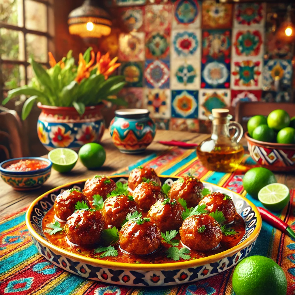 Engelse nasi-bami gehaktballen, goudbruin gebakken en geglazuurd met een rijke saus, geserveerd op een kleurrijk Mexicaans keramisch bord, gegarneerd met verse kruiden, omringd door limoen, chilipepers en een kommetje sambal op een tafel met een traditioneel Mexicaans patroon tafelkleed in een gezellige Mexicaanse keuken met kleurrijke tegels en warme natuurlijke verlichting.
