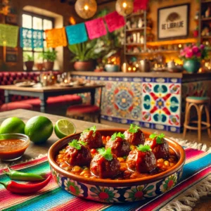 Gourmet gehaktballen geïnspireerd op Restaurant De Librije, goudbruin gebakken en geglazuurd met een rijke saus, geserveerd op een kleurrijk Mexicaans keramisch bord, omringd door limoen, chilipepers en een schaaltje saus op een tafel met een traditioneel Mexicaans patroon tafelkleed in een warme Mexicaanse keuken met kleurrijke tegels en natuurlijke verlichting.