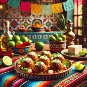 Griekse feta-gehaktballen, goudbruin gebakken en gevuld met romige feta, geserveerd op een kleurrijk Mexicaans keramisch bord, gegarneerd met verse kruiden, omringd door limoen, chilipepers en feta op een tafel met een traditioneel Mexicaans patroon tafelkleed in een gezellige Mexicaanse keuken met kleurrijke tegels en warme natuurlijke verlichting.