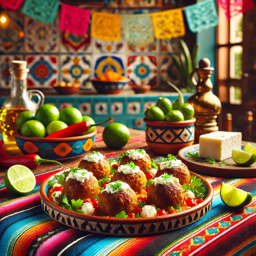 Griekse feta-gehaktballen, goudbruin gebakken en gevuld met romige feta, geserveerd op een kleurrijk Mexicaans keramisch bord, gegarneerd met verse kruiden, omringd door limoen, chilipepers en feta op een tafel met een traditioneel Mexicaans patroon tafelkleed in een gezellige Mexicaanse keuken met kleurrijke tegels en warme natuurlijke verlichting.