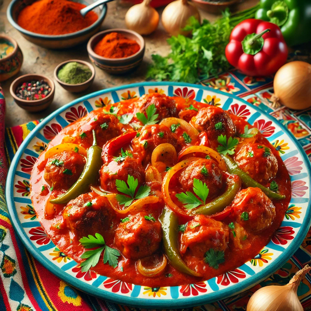 Hongaarse gehaktballen in een romige paprikasaus, geserveerd met gebakken paprika en uien, gegarneerd met verse peterselie.