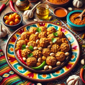 Indische gehaktballen met pinda's, goudbruin gebakken en omhuld met seroendeng, gegarneerd met grofgehakte pinda's, geserveerd op een kleurrijk bord met chilipepers, knoflook en een schaaltje sambal oelek ernaast.