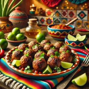 Kruidige gehaktballen, goudbruin gebakken en gegarneerd met verse kruiden, geserveerd op een kleurrijk Mexicaans keramisch bord, omringd door limoen, chilipepers en een schaaltje saus op een tafel met een traditioneel Mexicaans patroon tafelkleed in een warme Mexicaanse keuken met kleurrijke tegels en natuurlijke verlichting, zonder zichtbare of leesbare etiketten.