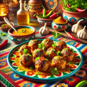 Kruidige Indiase gehaktballen, goudbruin gebakken en op smaak gebracht met kerrie en chili, geserveerd op een kleurrijk bord met verse kruiden en een schaaltje currysaus.