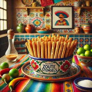 Nederlandse zoute stengels, goudbruin en knapperig gebakken, gerangschikt op een kleurrijk Mexicaans keramisch bord, omringd door limoen, chilipepers en een schaaltje grof zout op een tafel met een traditioneel Mexicaans patroon tafelkleed in een gezellige Mexicaanse keuken met kleurrijke tegels en warme natuurlijke verlichting.