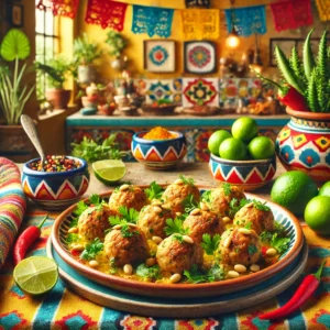 Provençaalse gehaktballetjes, goudbruin gebakken en gegarneerd met verse kruiden en pijnboompitten, geserveerd op een kleurrijk Mexicaans keramisch bord, omringd door limoen, chilipepers en kruiden op een tafel met een traditioneel Mexicaans patroon tafelkleed in een gezellige Mexicaanse keuken met kleurrijke tegels en warme natuurlijke verlichting.