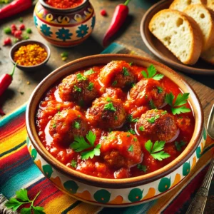 Braziliaanse gehaktballen in een rijke tomatensaus, bereid met rundvlees, chorizo en cheddar. De gehaktballen zijn goudbruin gebakken en geserveerd in een diepe schaal met een dikke, geurige tomatensaus, gegarneerd met verse peterselie en vergezeld van knapperig brood. Een hartig en smaakvol gerecht.