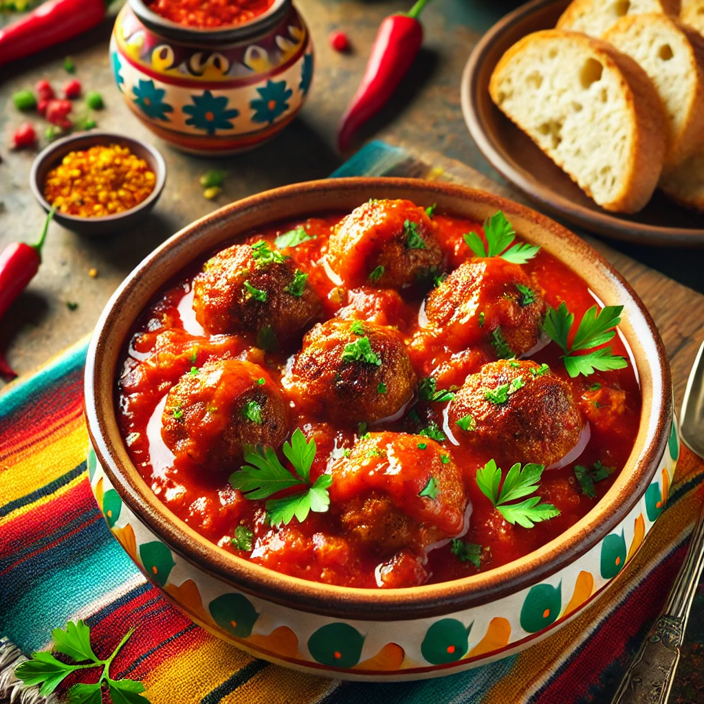 Braziliaanse gehaktballen in een rijke tomatensaus, bereid met rundvlees, chorizo en cheddar. De gehaktballen zijn goudbruin gebakken en geserveerd in een diepe schaal met een dikke, geurige tomatensaus, gegarneerd met verse peterselie en vergezeld van knapperig brood. Een hartig en smaakvol gerecht.