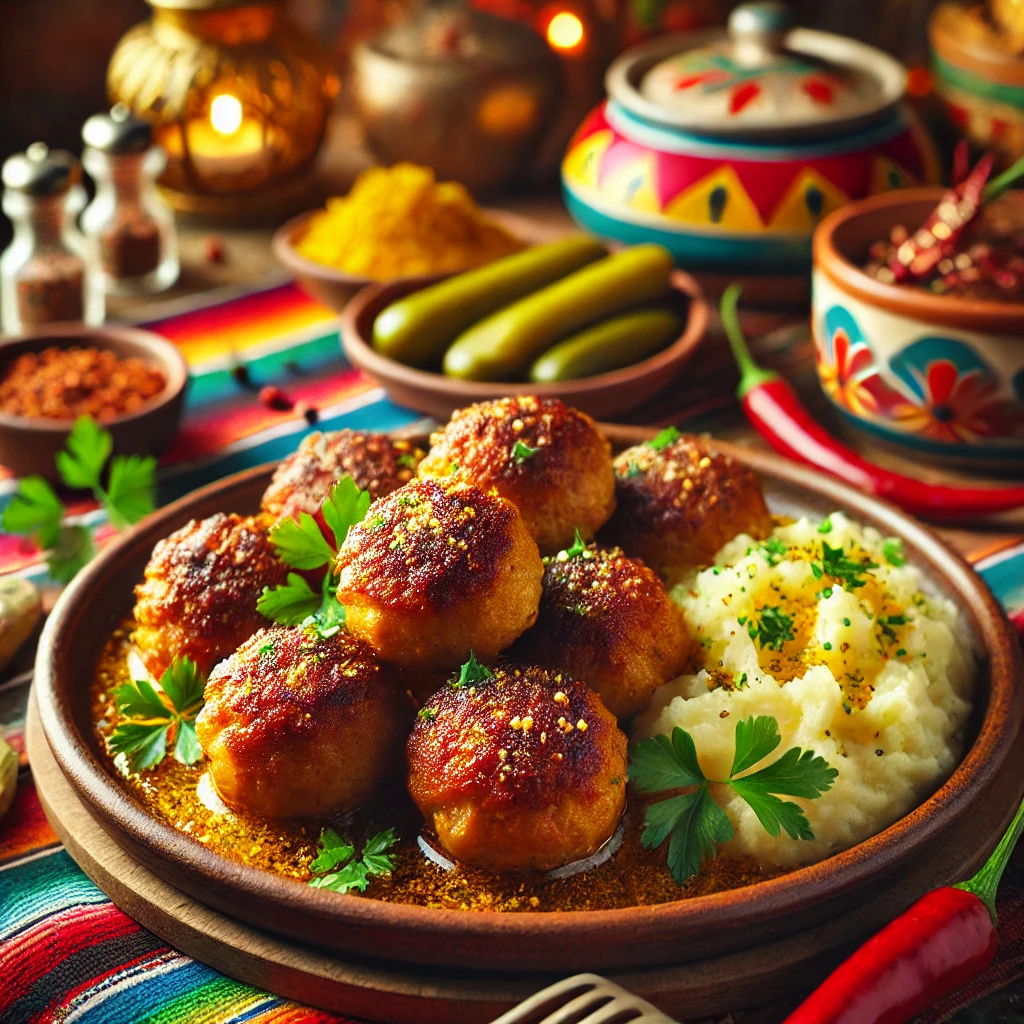 Deense frikadeller, goudbruin gebakken gehaktballetjes van een mix van rund- en kalfsvlees, geserveerd op een rustieke schaal. Gegarneerd met verse peterselie en vergezeld van romige aardappelpuree en ingelegde komkommer. Een hartig en smaakvol gerecht met een traditionele twist.