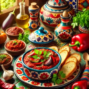 urkse Ajvar, een rijke paprika-auberginespread, gegarneerd met verse peterselie en geserveerd met sneetjes knapperig brood op een kleurrijk bord, omringd door geroosterde paprika's, knoflook en olijfolie.