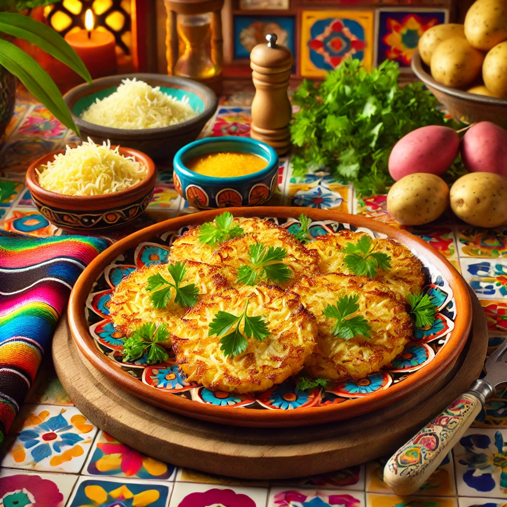 Zwitserse aardappelkoekjes (rösti), krokant en goudbruin gebakken, gegarneerd met verse peterselie en geserveerd op een kleurrijk bord, met geraspte kaas, aardappelen en kruiden als decoratie.
