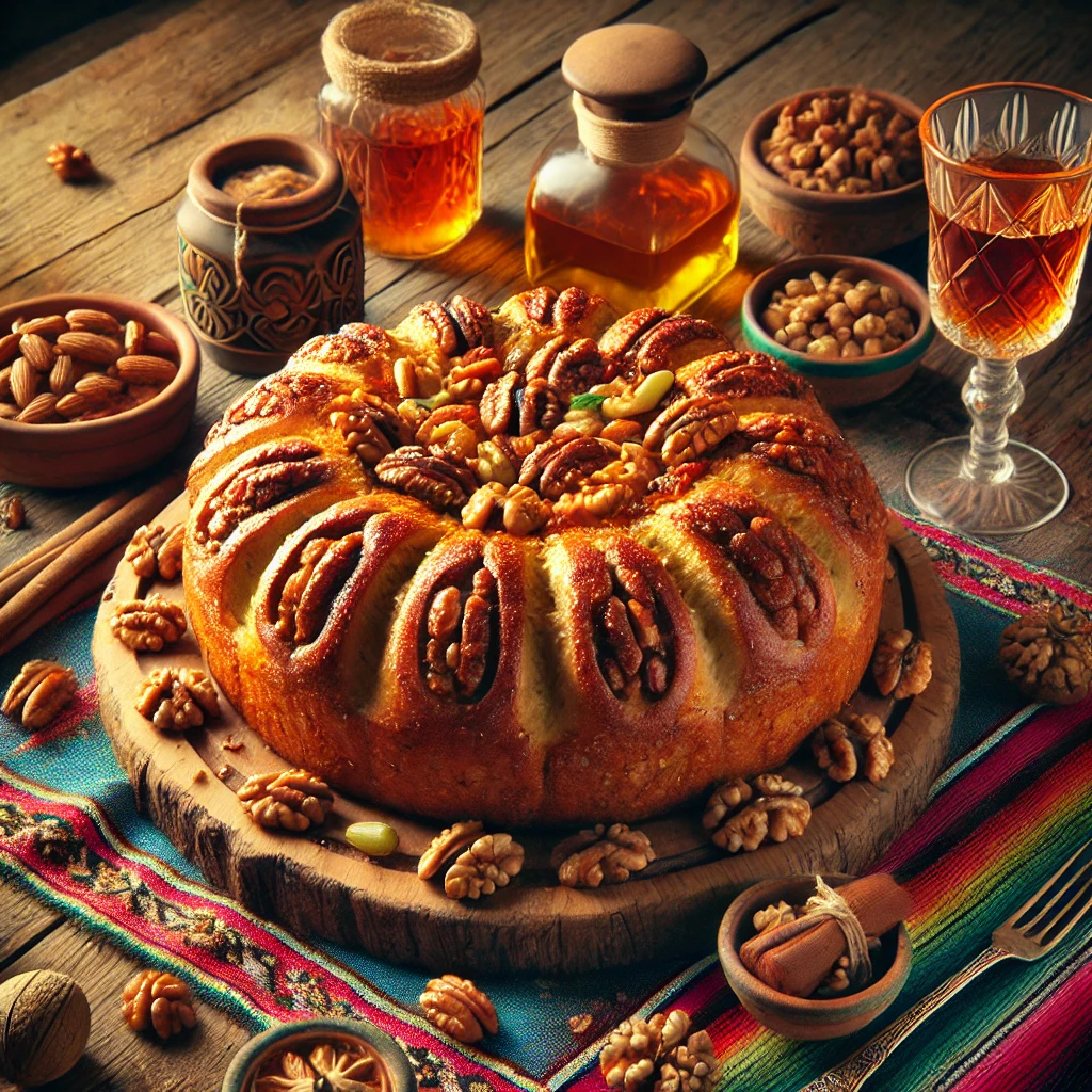 Een prachtig ambachtelijk desembrood met walnoten en vijgen, vers gebakken en gepresenteerd in een kleurrijke Mexicaanse stijl. Het brood heeft een gouden, knapperige korst en is doorgesneden om de rijke vulling van walnoten en vijgen te tonen. Het ligt op een rustieke houten plank, omringd door een felgekleurd Mexicaans tafelkleed, decoratieve vijgen en walnoten, en een glas rode wijn, verlicht door helder natuurlijk licht.