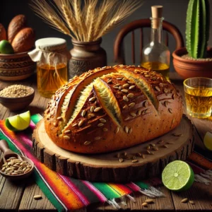Een prachtig ambachtelijk glutenvrij brood, vers gebakken met een knapperige, goudbruine korst. Het brood ligt op een rustieke houten plank, omringd door een felgekleurd Mexicaans tafelkleed, een schaaltje boter, limoenpartjes en een glas witte wijn. Helder natuurlijk licht benadrukt de uitnodigende uitstraling en de perfect gebakken textuur van het brood.