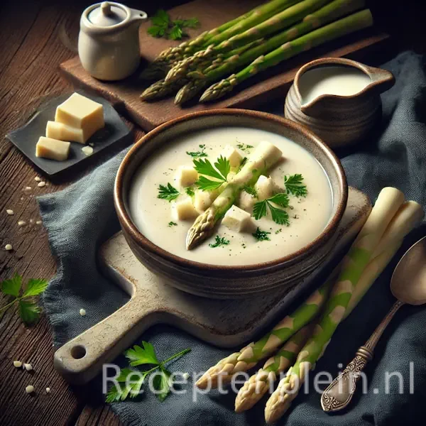 Een hyperrealistische foodfoto van romige witte aspergesoep, gegarneerd met stukjes asperge, peterselie en een vleugje room, geserveerd in een kom op een donkere houten tafel met verse asperges eromheen.
