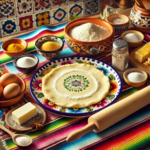 Harde Wenerdeeg uitgerold op een kleurrijk bord, met ingrediënten zoals bloem, suiker, boter en een ei ernaast, omringd door een deegroller en een schaaltje kaneel.