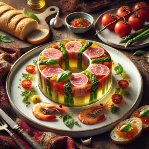 Elegante Belgische aspic met Breydelham, scampi en kleine groenten in een heldere gelatinering, geserveerd op een wit bord met een vinaigrette van tomaat, basilicum en sjalot, omringd door geroosterde stokbroodschijfjes met gesmolten tomaat en basilicum, op een rustieke tafel met een rood-gouden tafelkleed.