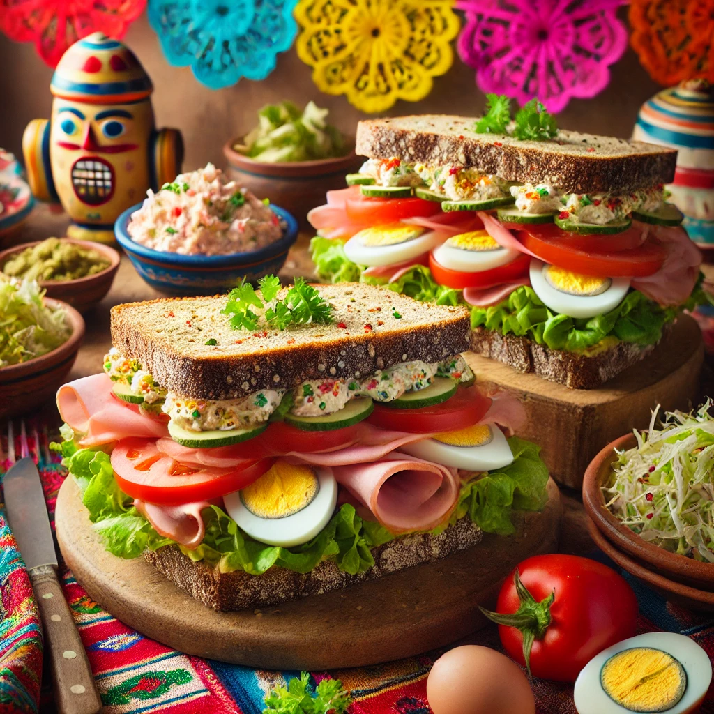 en kleurrijke Mexicaans geïnspireerde presentatie van boerse broodjes met dikke volkoren sneden, belegd met ham, eiersalade, tomatenpartjes, knapperige kiemgroente en verse sla. De tafel is versierd met vrolijke Mexicaanse tafelkleden en decoraties voor een feestelijke uitstraling.