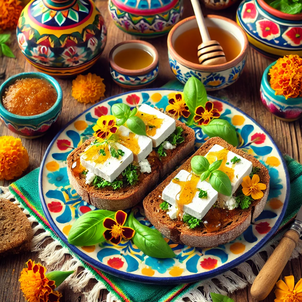 Brabantse roggebrood sandwiches gevuld met honing, geschaafde geitenkaas en verse basilicumblaadjes, gepresenteerd in een Mexicaanse feestelijke sfeer met kleurrijke tegels, goudsbloemen en rustieke tafeldecoraties.