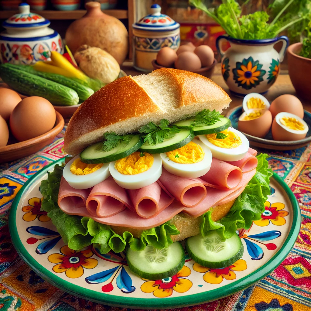 Bruin bolletje met komkommer sandwichspread, ham, plakjes hardgekookt ei en verse veldsla, geserveerd op een kleurrijk bord met verse ingrediënten zoals eieren en sla ernaast.