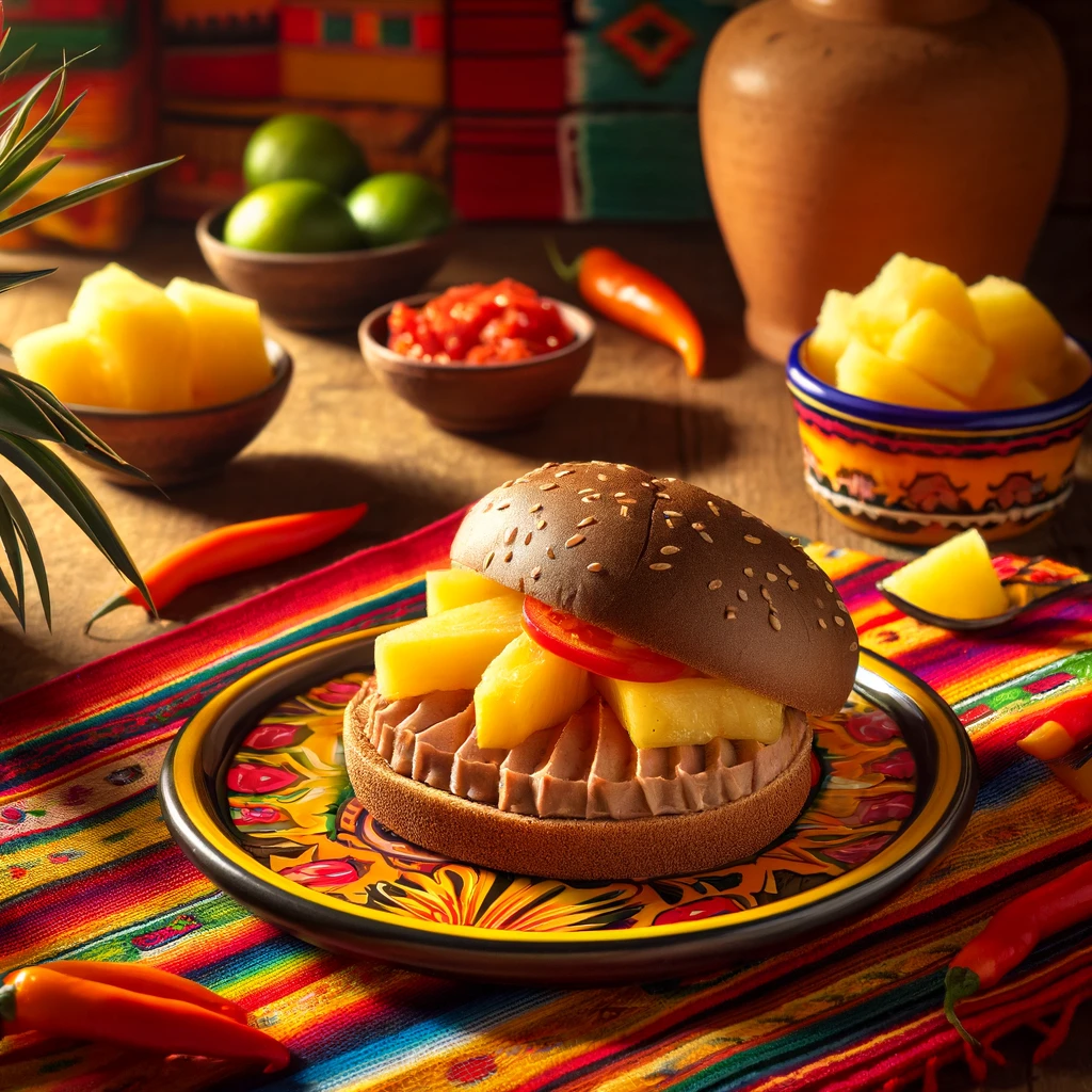 Een kleurrijk Mexicaans opgemaakt bruin bolletje, gevuld met Saksische smeerleverworst en ananasstukjes, gepresenteerd op een keramisch bord met Mexicaanse patronen, omringd door schaaltjes met ananas, chilipepers en limoenen, op een felgekleurd geweven tafelkleed.