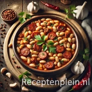 Een hyperrealistische foodfoto van cassoulet met witte bonen, chorizo en langzaam gegaard vlees in een rijke tomatensaus, geserveerd in een kom op een donkere houten tafel met knoflook, bonen en chorizo eromheen.