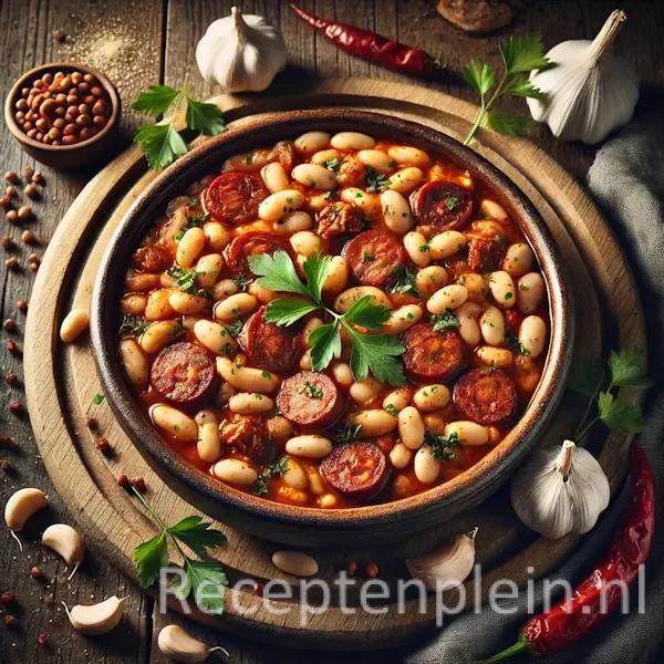 Een hyperrealistische foodfoto van cassoulet met witte bonen, chorizo en langzaam gegaard vlees in een rijke tomatensaus, geserveerd in een kom op een donkere houten tafel met knoflook, bonen en chorizo eromheen.