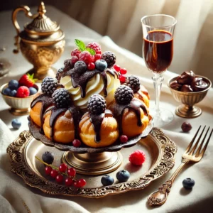 Een luxueuze en elegante presentatie van chocoladesoesjes met romige slagroomvulling, geserveerd op een decoratief dessertplateau. De soesjes zijn gevuld met luchtige slagroom, bedekt met een glanzende chocoladelaag en gegarneerd met poedersuiker en verse bessen. De setting bevat een verfijnd tafelkleed, een klein schaaltje chocoladesaus, een dessertvork en een glas dessertwijn, verlicht door helder natuurlijk licht om de feestelijke en indulgente uitstraling te benadrukken.