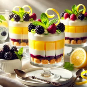 Een levendige en elegante presentatie van citroen-bramen cheesecake, geserveerd in individuele glazen. Elk glas bevat lagen van romige citroen-cheesecakevulling, een kruimelige biscuitbodem en verse bramen. Het dessert is gegarneerd met krullen van citroenschil, verse muntblaadjes en een lichte druppel bessensaus. De setting bevat een verfijnd tafelkleed, een klein schaaltje met bramen, een dessertlepel en een glas bruisend water, verlicht door helder natuurlijk licht om de frisse en indulgente uitstraling te benadrukken.