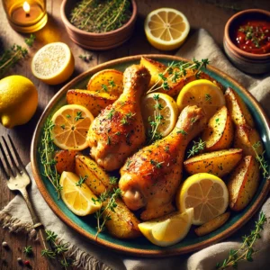 Een levendige en uitnodigende presentatie van citroen-kip drumsticks met geroosterde aardappelen. De drumsticks zijn goudbruin en glanzend door een citroenglazuur, gegarneerd met verse tijm en schijfjes citroen. De geroosterde aardappelen zijn krokant en bestrooid met kruiden, geserveerd op een rustiek keramisch bord. Op de achtergrond een houten tafel, een linnen servet en een klein kommetje dipsaus, belicht met warm en natuurlijk licht dat de gouden tonen van het gerecht benadrukt.